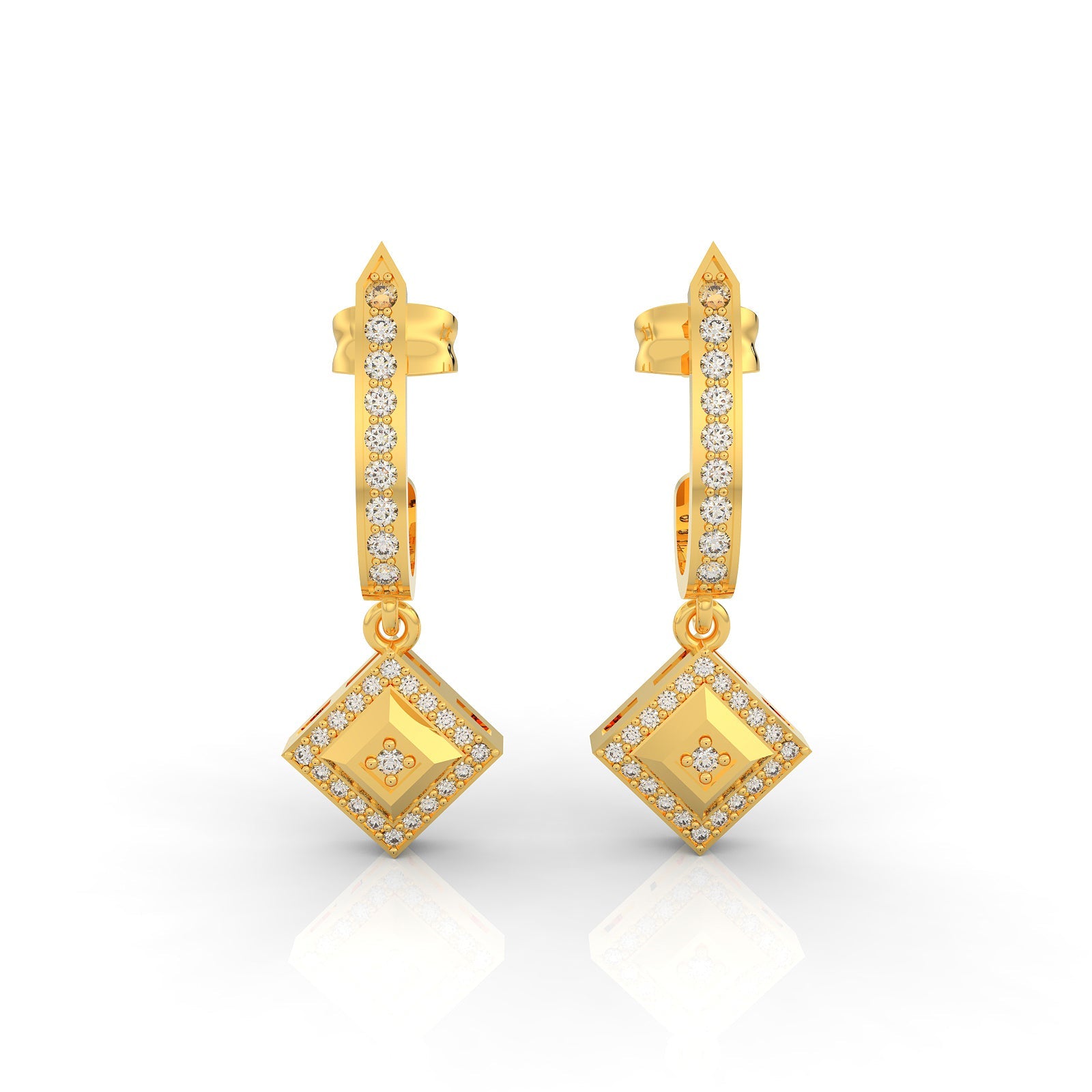 Square Clip On Dangle Party Wear Earrings, Hallmarked 925 Sterling Silver Yellow Gold - sitabo